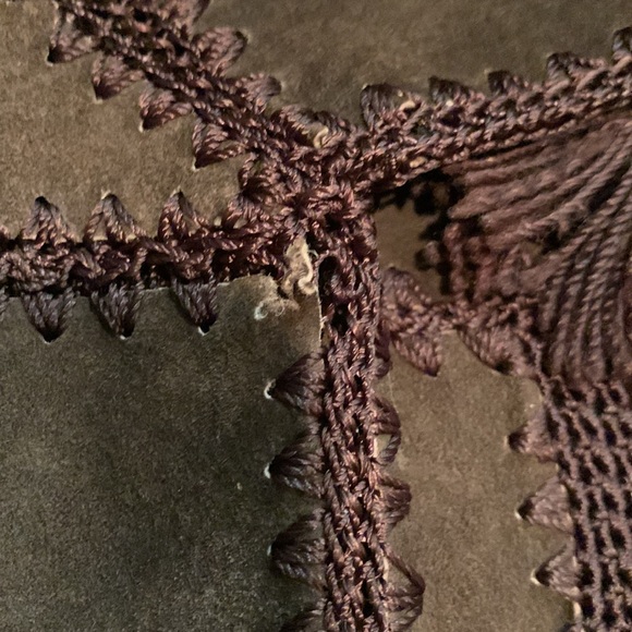 Brown Suede Leather Jacket With Crochet Bottom And Fringe Stitched Squares Med - Picture 11 of 12